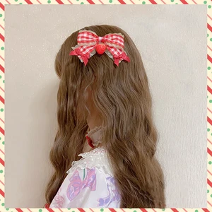 Lolita Cute Strawberry Hair Clip Girls Hairpins Kawaii Plaid Bow Headwear Barrette Woman Anime Cosplay Costume Grips Accessories