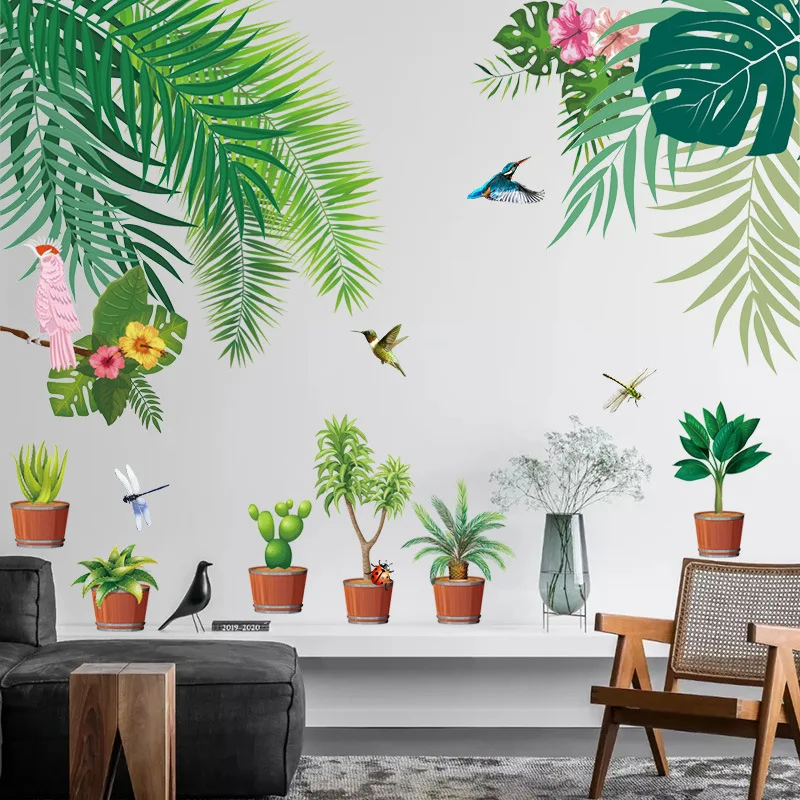

Summer Green Plant Potted Palm Leaf Wall Sticker Living Room Bedroom Children's Room Decoration Aesthetic Home Decoration Wall