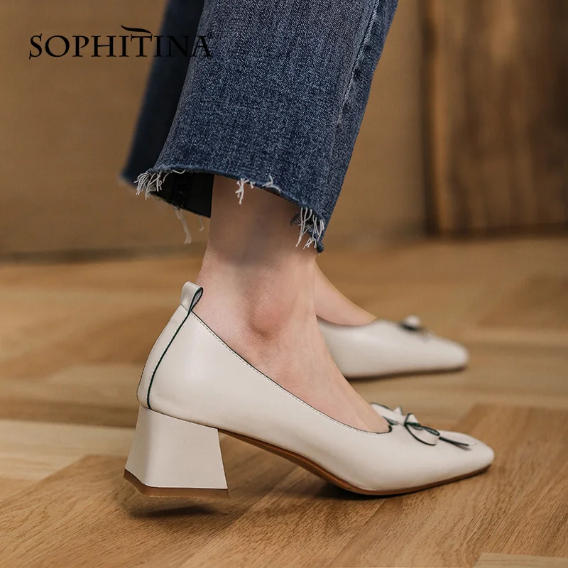 

SOPHITINA Daily Women's Pumps Square Heel Comfortable Wearable Cute Bow Shoes Shallow Mouth Basic Essential Female Shoes AO259