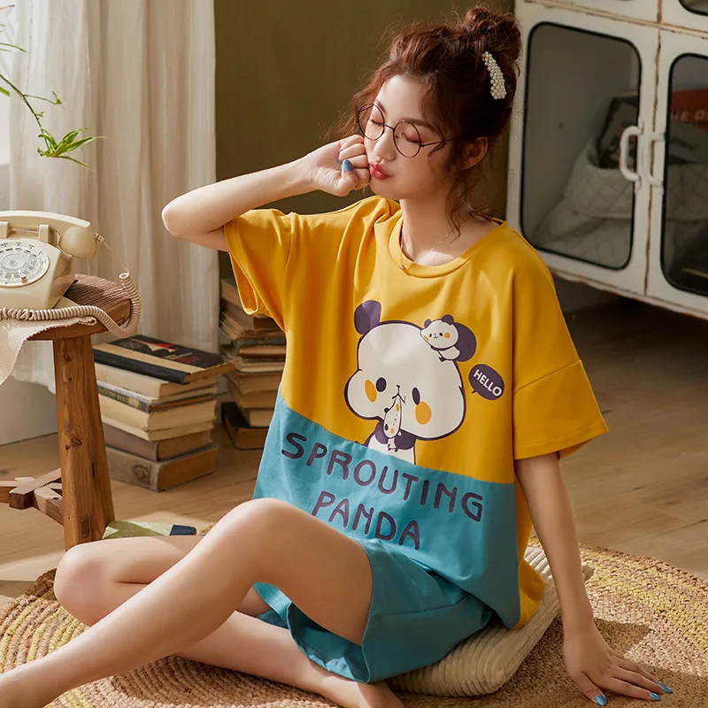

New Collection Women Pajamas Summer Short Sleeves Two-Piece Suits Korean Version Of The Thin Cotton Homewear