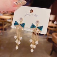 south korea advanced sense of blue crystal bow pearl long tassel earrings versatile design atmosphere earrings for women