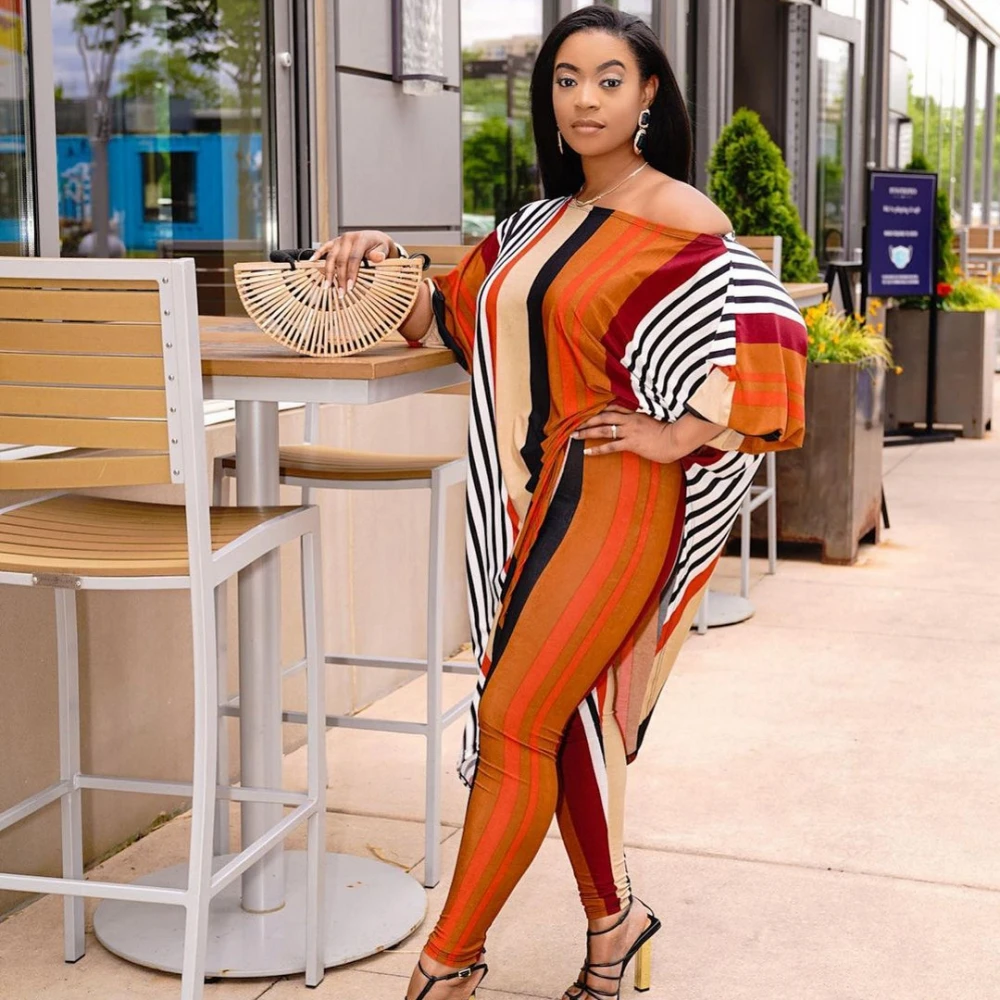 

Two Piece Matching Sets 2021 Summer Women Stripe Print Two Piece Set Off ShoulderTop And Pant Suit Sporting Tracksuit Overalls