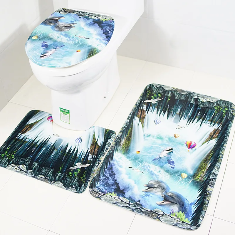 Ванная комната Ковер Душ занавес 3D Дельфин Bath Mat Set Waterproof ванной комнаты фланель