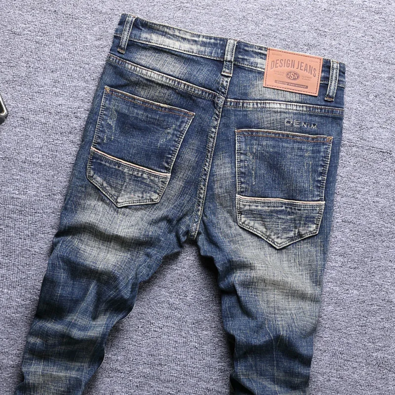 Italian Style Fashion Men Jeans Retro Blue Elastic Slim Fit Ripped Jeans Men High Quality Vintage Designer Casual Denim Pants