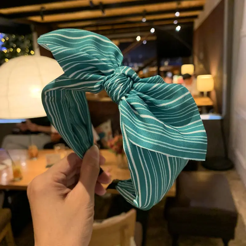 Кроличьи уши ткань в полоску принт сбоку повязка на голову с бантиком и сердечком