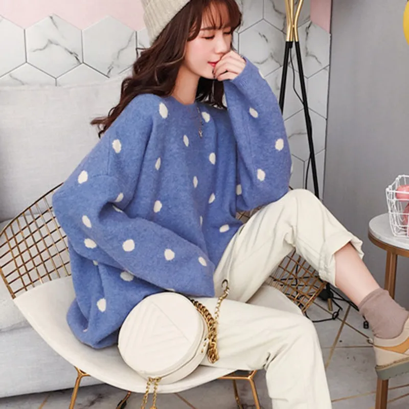 

Autumn Fashion Women Sweet Knitting Sweater Polka Dot O-Neck Pullover Warm Streetwear Long Sleeve Sweaters