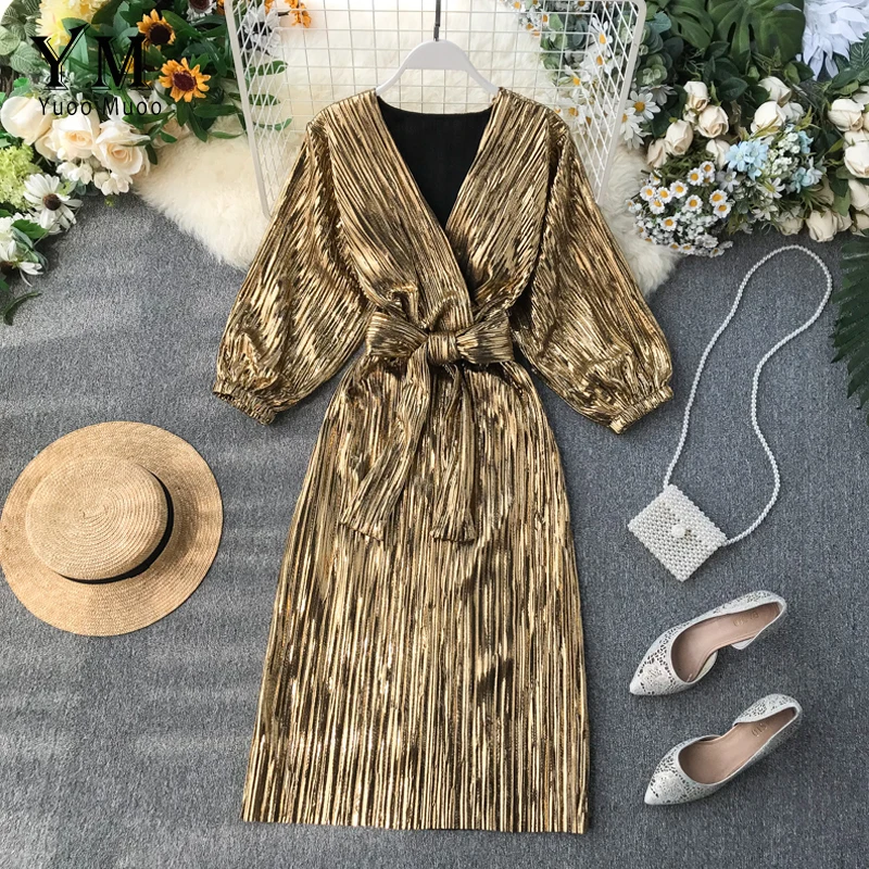 YuooMuoo хорошее качество роскошное Золотое блестящее женское вечернее платье 2019 Ins