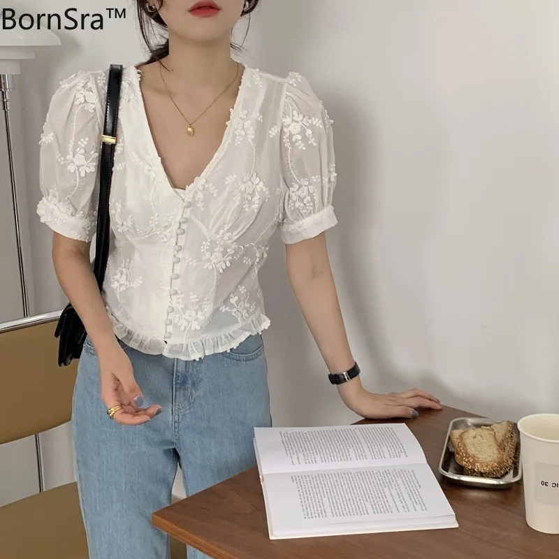 

Bornsra Summer 2020 Regular V-Neck Floral Women Blouse Short Chiffon Casual Short White Blouse Shirt Female