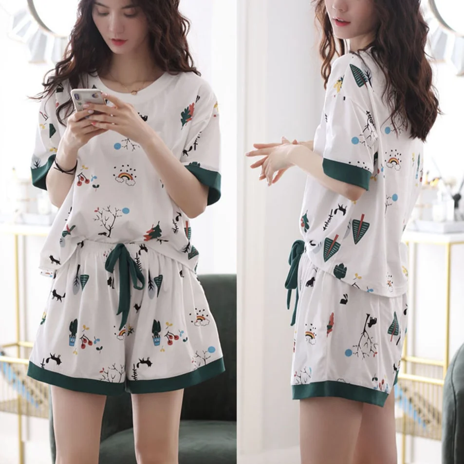 

Women Pajama Sets Short Sleeve Cartoon Printed Trendy Lovely Chic Korean Style Lounge Wear Comfortable Loose Leisure Breathable