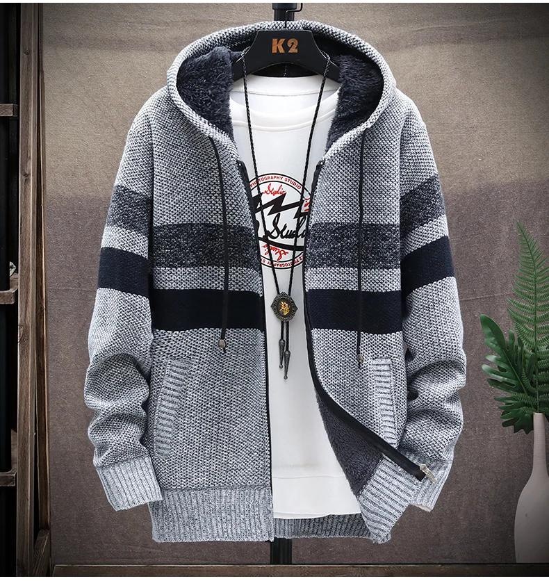 New Man Sweater Cardigan Stripe Zipper Autumn/winter Knit Fleece Warm Wool  Fashion Men's Street Casual Male  Jacket Coat Jumper