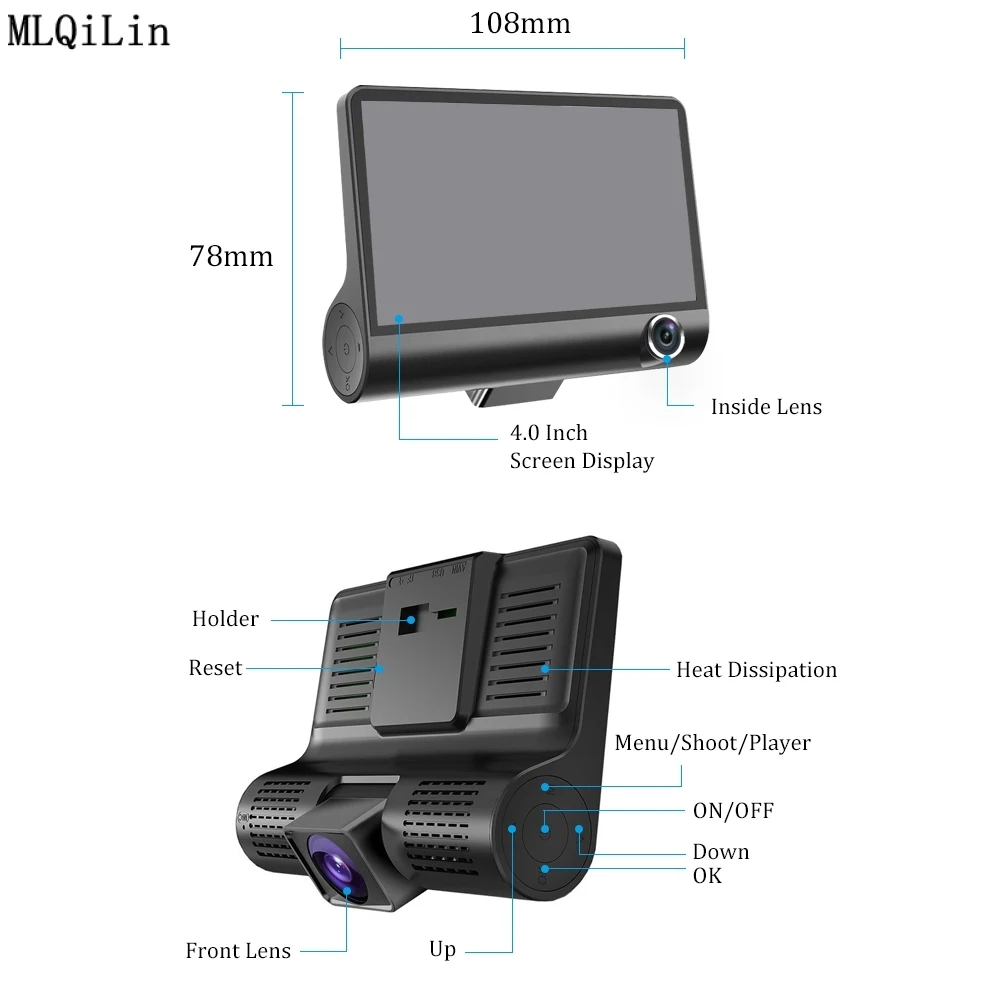 4 ''Трехходовой Видеорегистраторы для автомобилей FHD тремя объективами видео