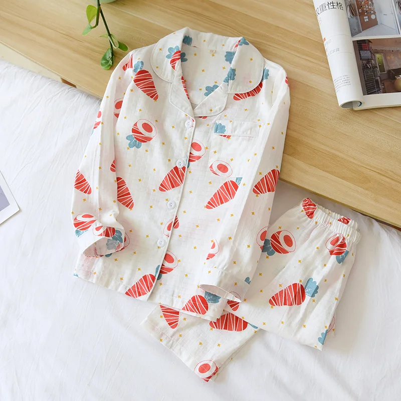 

Spring Home Clothing Cotton Gauze Ladies Pajamas Family Matching Outfits Long-sleeved Radish Mom and Daughter Matching Clothes