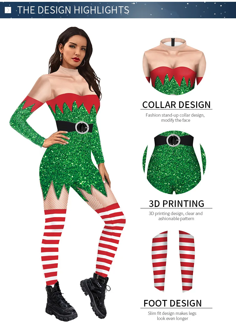 Женский костюм для взрослых на Рождество с цифровым принтом приталенный