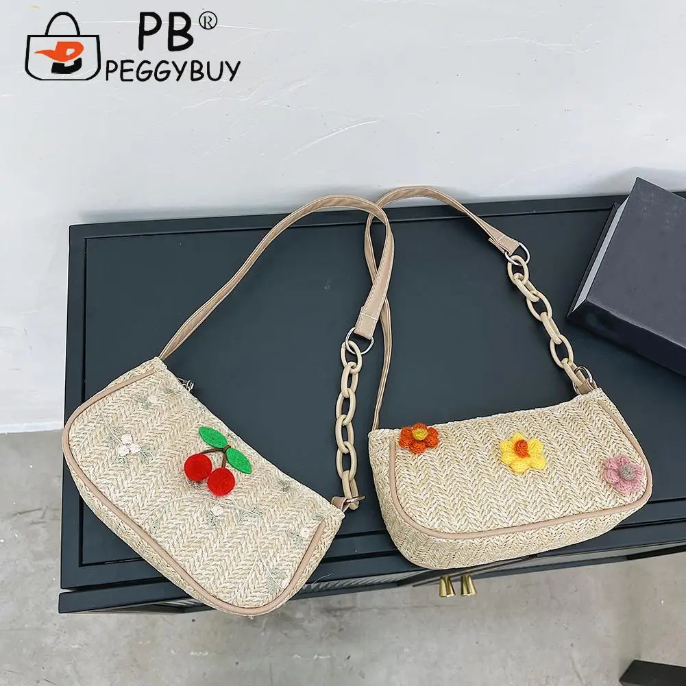 

Fashion Woven Bag Lace Flower Underarm Casual Women Beach Chain Small Embroidery Handbags Straw Women Hand-Woven Handbag
