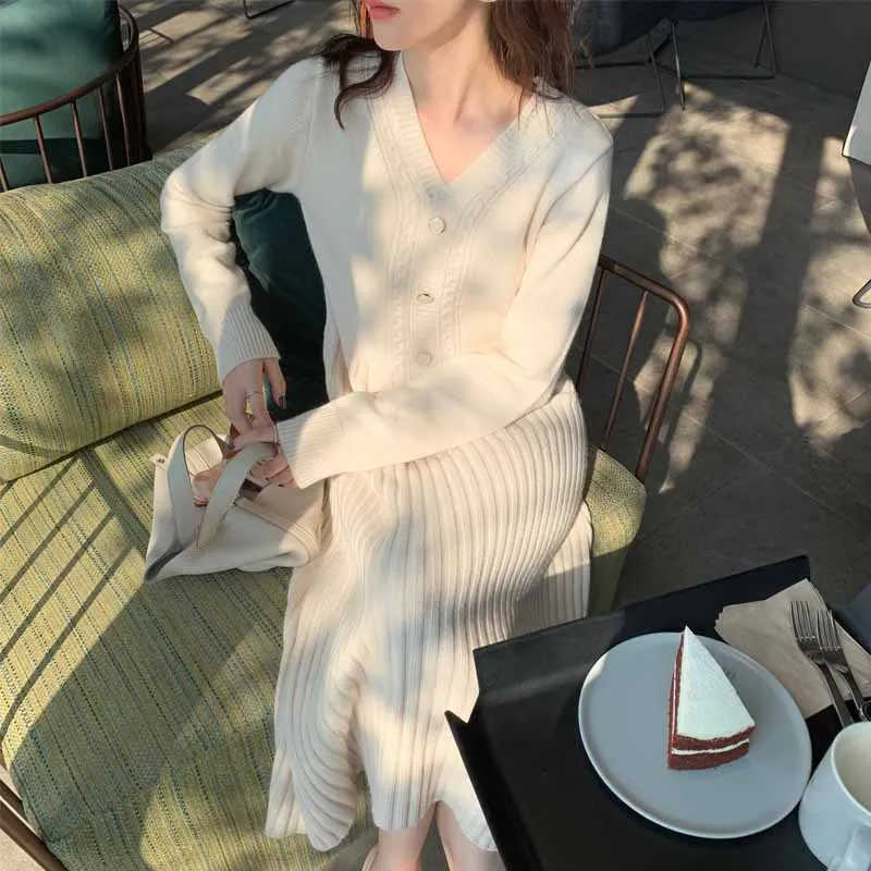 

Knitted Sweater Dress Women V-Neck Long Sleeve Korean Midi Dress Twist A-Line Elegant Casual Solid Dress Autumn Winter