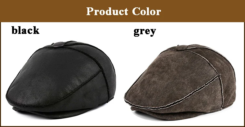 Winter Men Korean Thicken Hand-stitched Fur One Warm Forward Beret Male Genuine Leather Wool Hats Fitted black/Grey Tab Boina