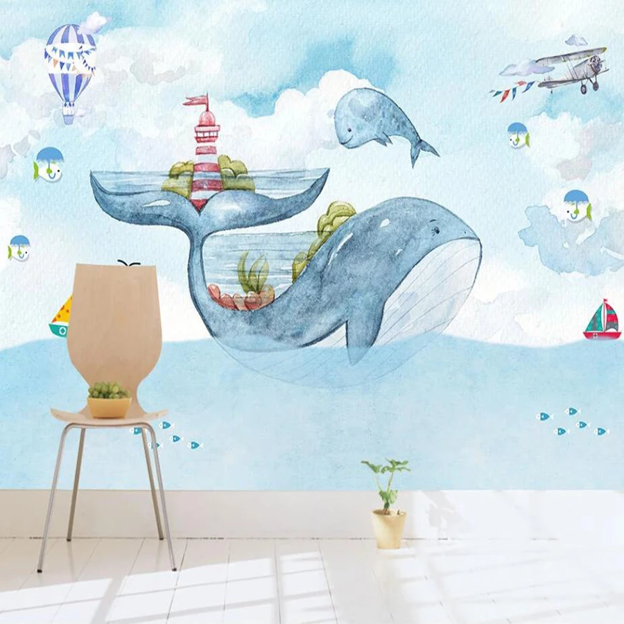 

Milofi custom 3D wallpaper mural hand-painted watercolor whale airplane hot air balloon children background wall decoration pain
