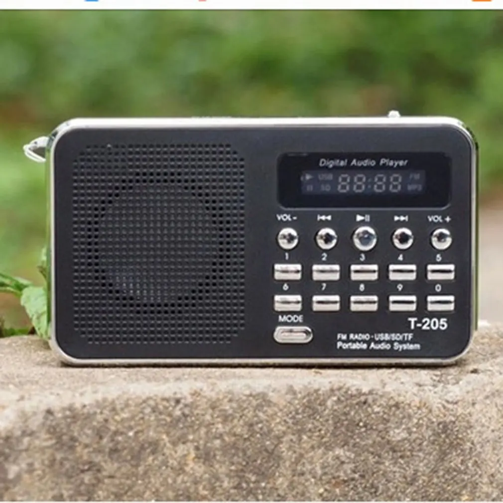 T 205 Portable Radio FM Support SD/TF Card Mini FM Radio Receiver Digital with USB LED Light Music Player for Phone MP3