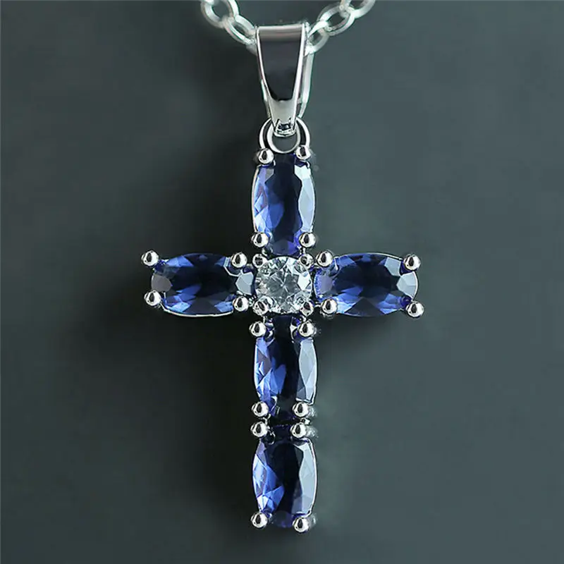 

Крест кулон ювелирное изделие для женщин ожерелье подарок Мода Серебряный цвет синий цвет основной камень