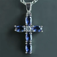 cross pendant jewlery for women necklace gift fashion silver color blue color main stone
