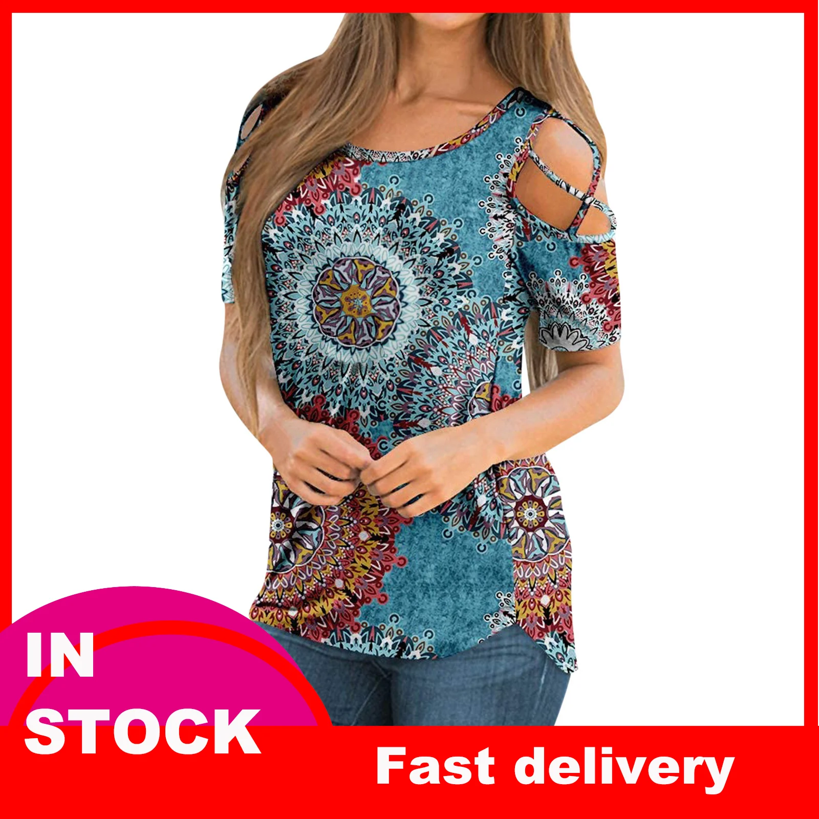 

Short Sleeve Woman T-shirts Round Collar Streetwear Strappy Open Shoulder Style Soft T-shirt Quality 100% Cotton Women T-shirts