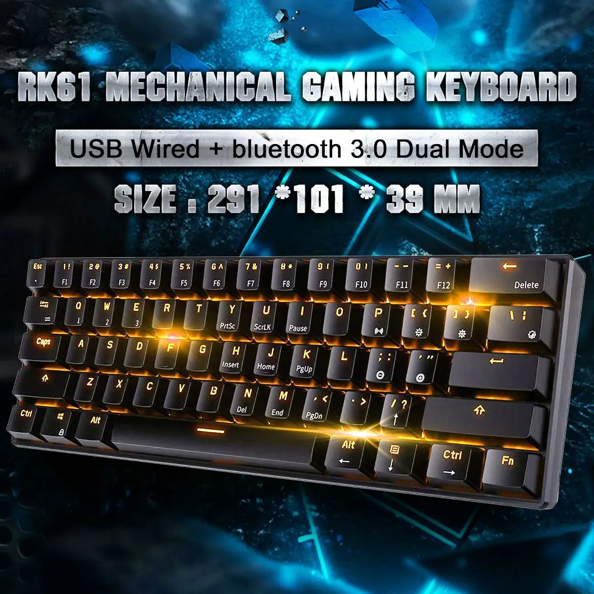 

RK61 Wireless bluetooth Keyboard Wired Dual Mode 60% Golden/ Ice Blue Backlit 61Keys Mechanical Gaming Keyboard
