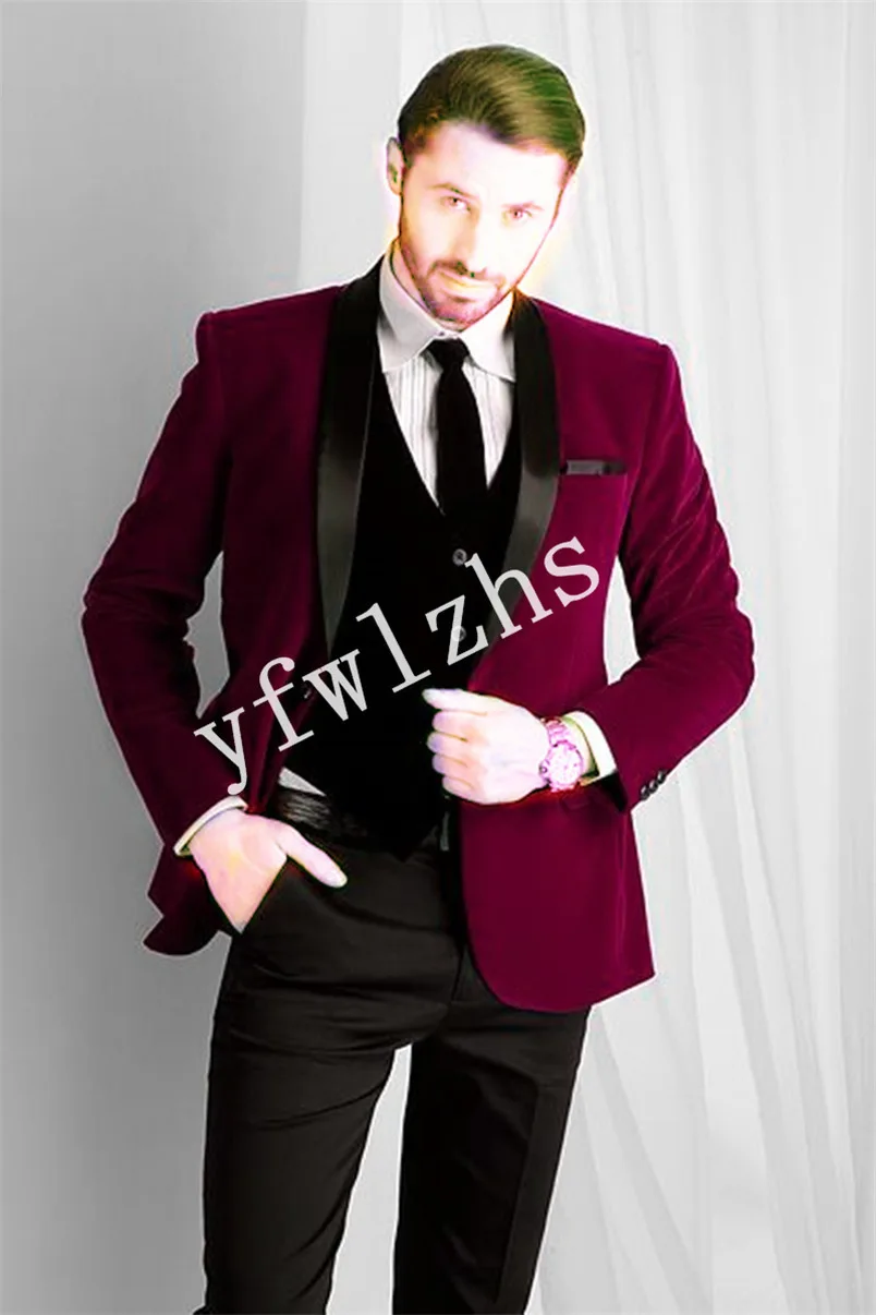 

Handsome Velveteen Groomsmen Shawl Lapel Groom Tuxedos Wedding Dress Men Suits Blazer Prom Dinner (Jacket+Pants+Tie+Vest) A231