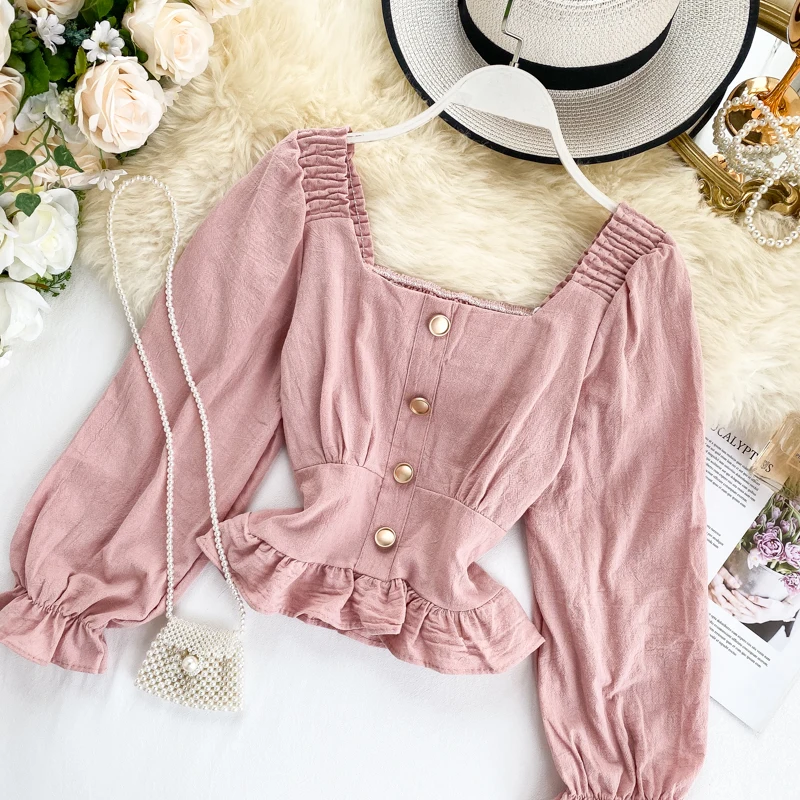 Женская рубашка с квадратным воротником осенняя блузка эластичным поясом в