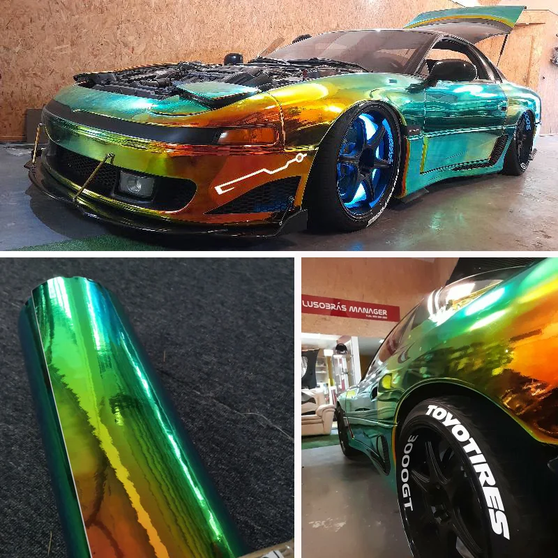

18mx1.35m Holographic Chameleon Green to Gold Neo Chrome Whole Car Body Vinyl Wrap Film Sheet Roll Sticker Decals Color Changing