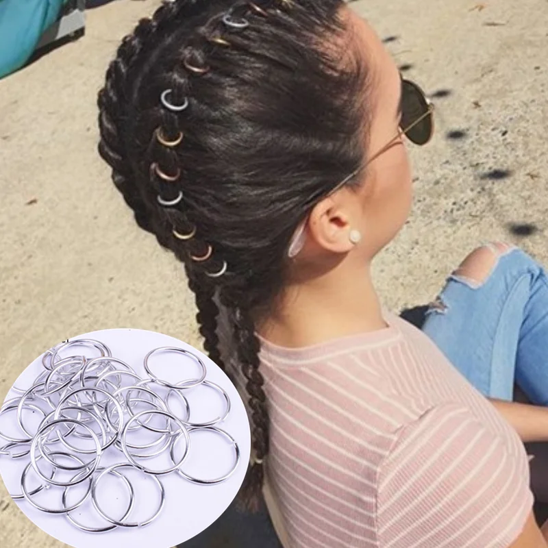 

50 Pcs/se 18mm Large Metal Color Long Hair Clip Braid Circle Hair Styling Accessories Hoop Bead Adjustable Dreadlock Ring Bead