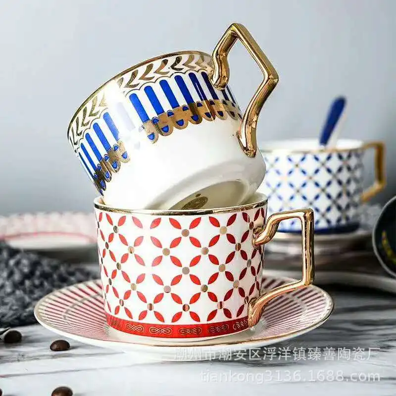 European style gold ceramic coffee cup and saucer high-end gift set simple afternoon flower tea with spoon | Дом и сад