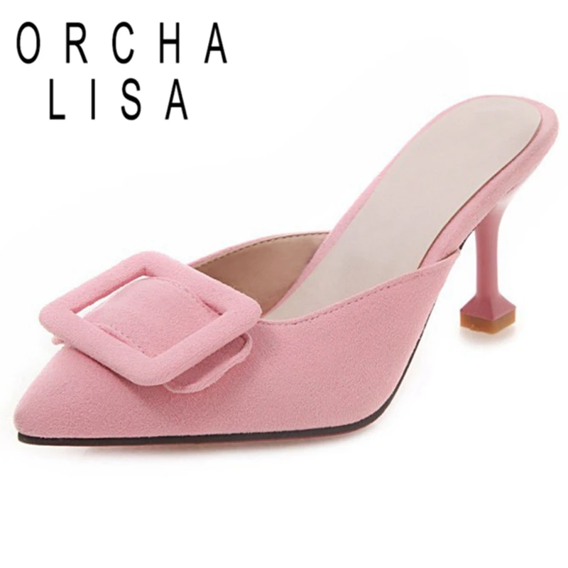 

ORCHA LISA/2020; Сезон весна-лето; Лаконичные женские туфли без задника с острым носком 6,5 см на необычном каблуке; Женские замшевые Размеры; Больши...