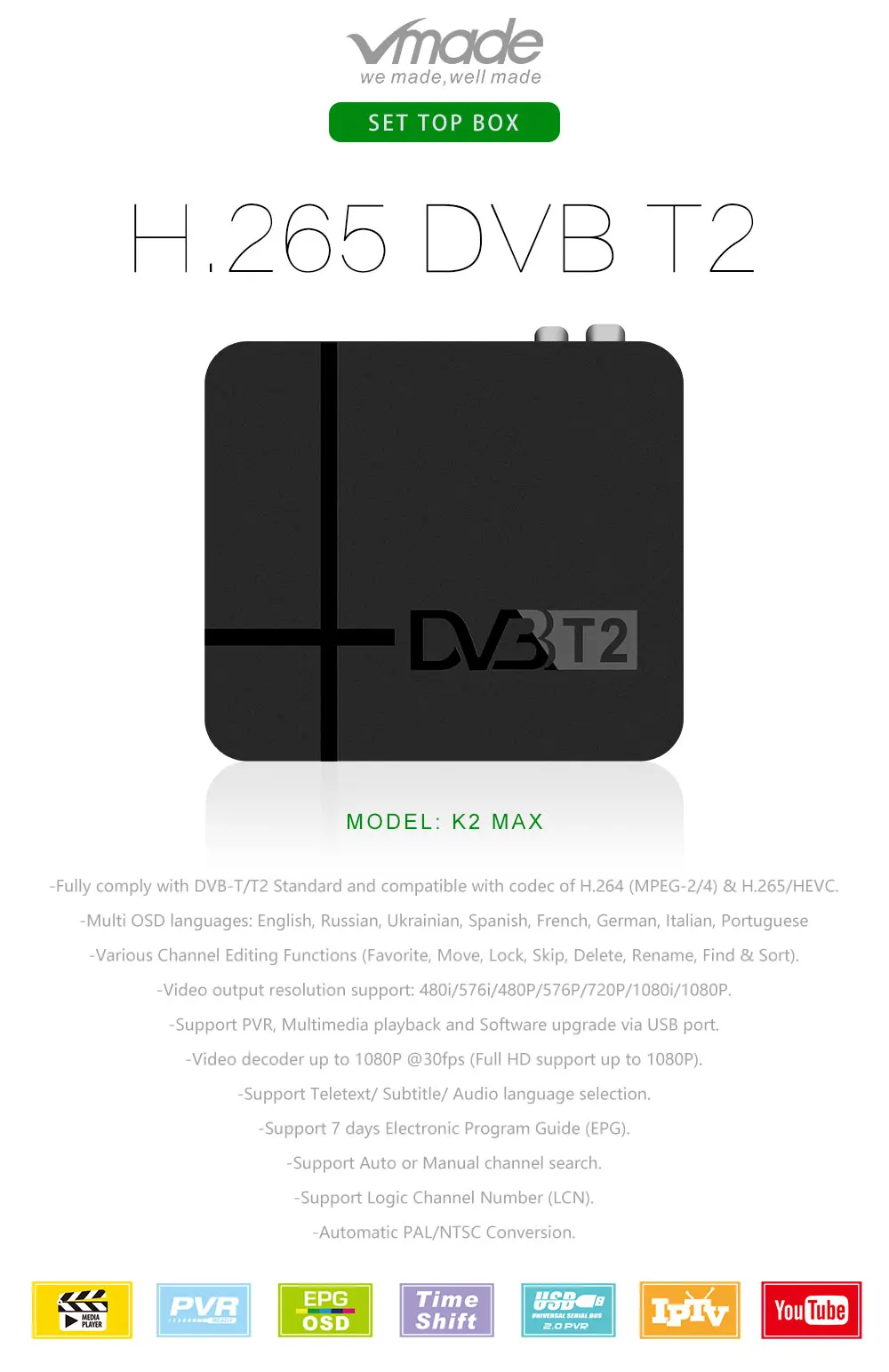 Vmade DVB-T2 Full HD 1080P цифровой эфирный приемник DVB-T MPEG-4 ТВ-тюнер Поддержка 3D интерфейс мини-приставка