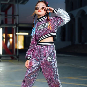 Детский джазовый костюм для выступлений в стиле хип-хоп, одежда для уличных танцев г., Детский костюм с розовыми и красными блестками для подиума, сценический костюм DQL009