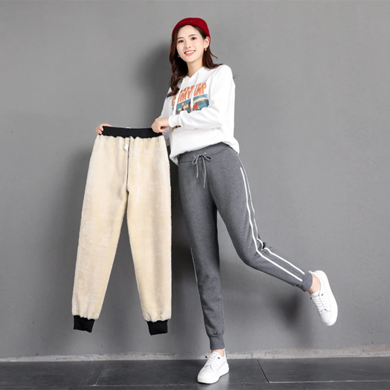 

Fashion Casual Imitation Lamb Trousers Woman Simple Lace-Up Black Pencil Pants Women Winter Padded Warm Sports Ladies Pants
