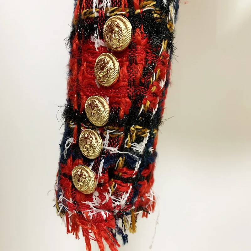 

DEAT Slim Fit Short Jacket New V-neck Long Sleeve Women Red Plaid Chain Stitch Coat Fashion Tide Spring Autumn 2021 7E0831