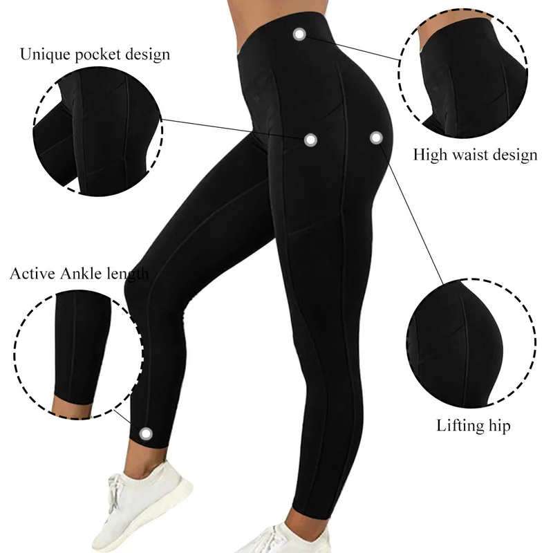 

Sports Leggings High Waist Pocket Female Solid Push Up Pants Elastic Fitness Gym Leggings Female Training Energy