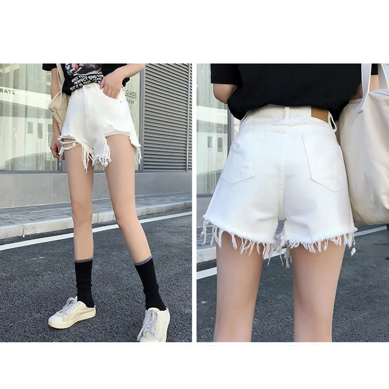 

Korea Women Summer Ripped Hole Short Jeans Whie Black Blue All Match Jean Shorts Fashion Streetwear HIgh Waist Irregular Jeans