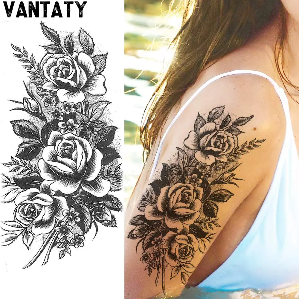 3D Black Flower Rose Temporary Tattoos For Women Waterproof Fake Body Art Arm Sketch Tattoo Stickers For Girls Decorative Tattoo