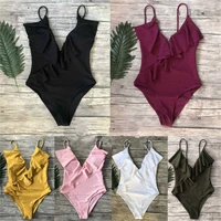 women ruffle v neck swimsuit 2020 hot sale sexy push up padded bra swimwear summer solid bathing monokini beachwear