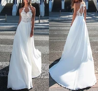 a line beading appliques wedding dresses 2021 chiffon halter romantic boho illusion long bridal gown robe de mariage