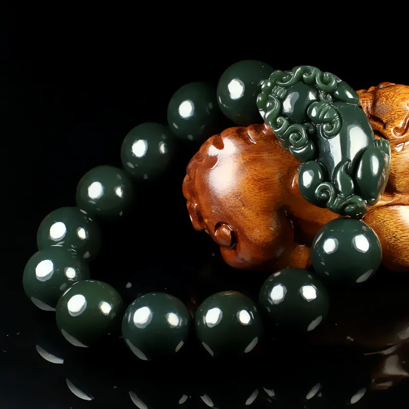 

Natural Green Hetian Jade Bracelet Men and Women 14MM Round Beads Jade Bracelet Jewelry Gifts