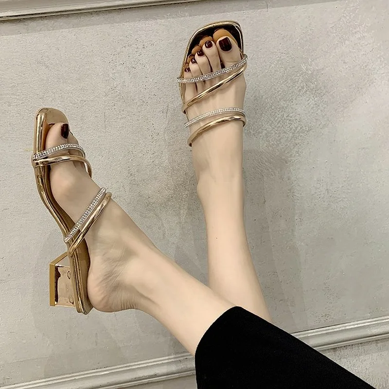 

Beautiful Slippers Designed for Women In Summer Fashion Rhinestone Chunky Square Heel Shoes Women Slippers Office Slippers
