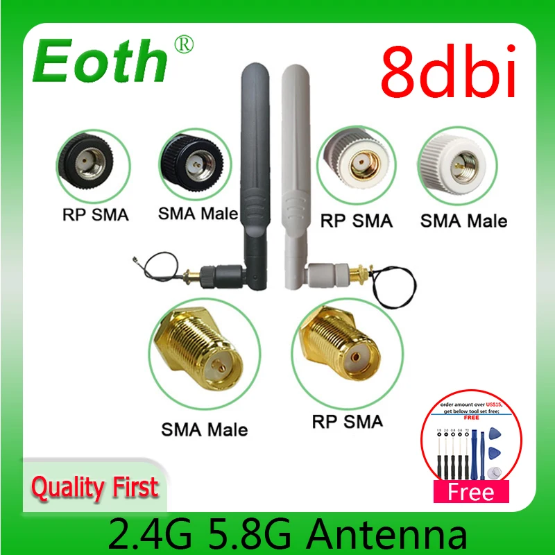 eoth 2.4g wifi Antenna router antena 2.4GHz 5.8Ghz IOT 8dBi antene RP-SMA sma male Dual Band 2.4G 5.8G ipex 1 21cm Pigtal
