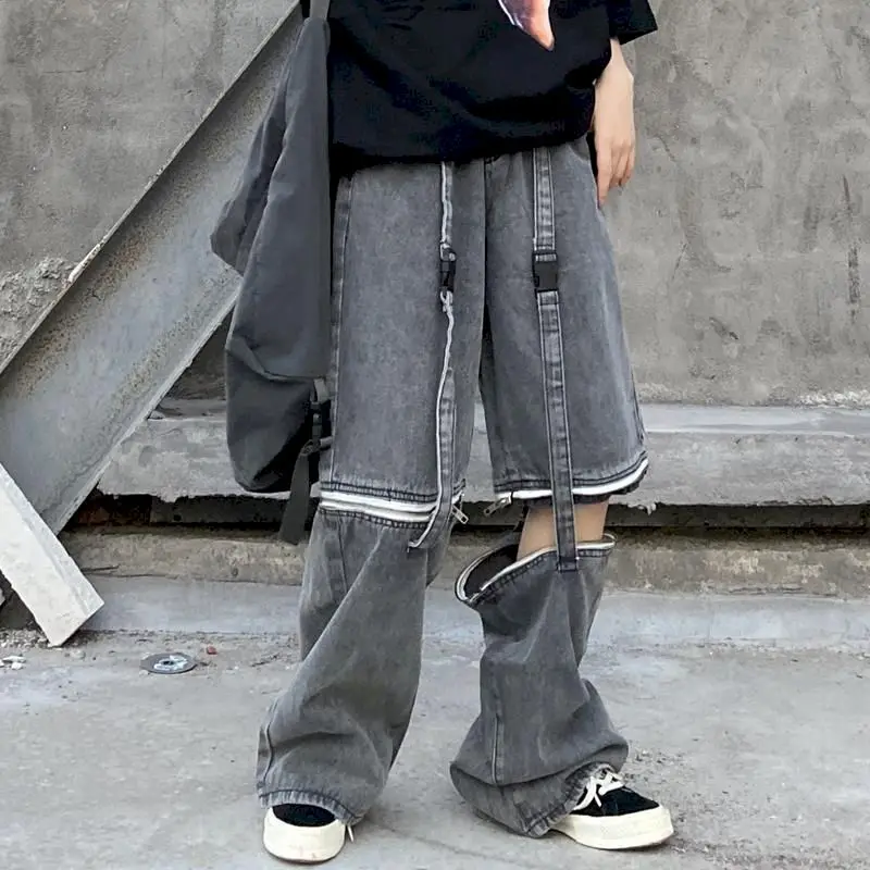 Джинсы-карго женские, свободные штаны на молнии, со съемными широкими штанинами, уличная одежда в стиле Харадзюку, Корейская уличная одежда