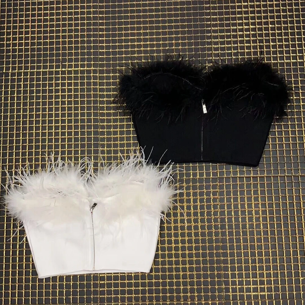 Новинка 2019 топы без бретелек с белыми и черными перьями модный пикантный летний