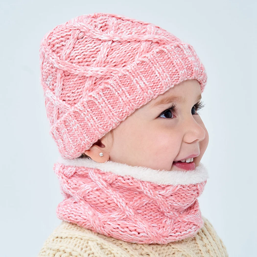 Теплые флисовые Вязанные Трикотажные Шапочки Snood комплект зимняя уличная детская шапка шарф Детские шапки Скалли Лыжные шапки для мальчиков и девочек