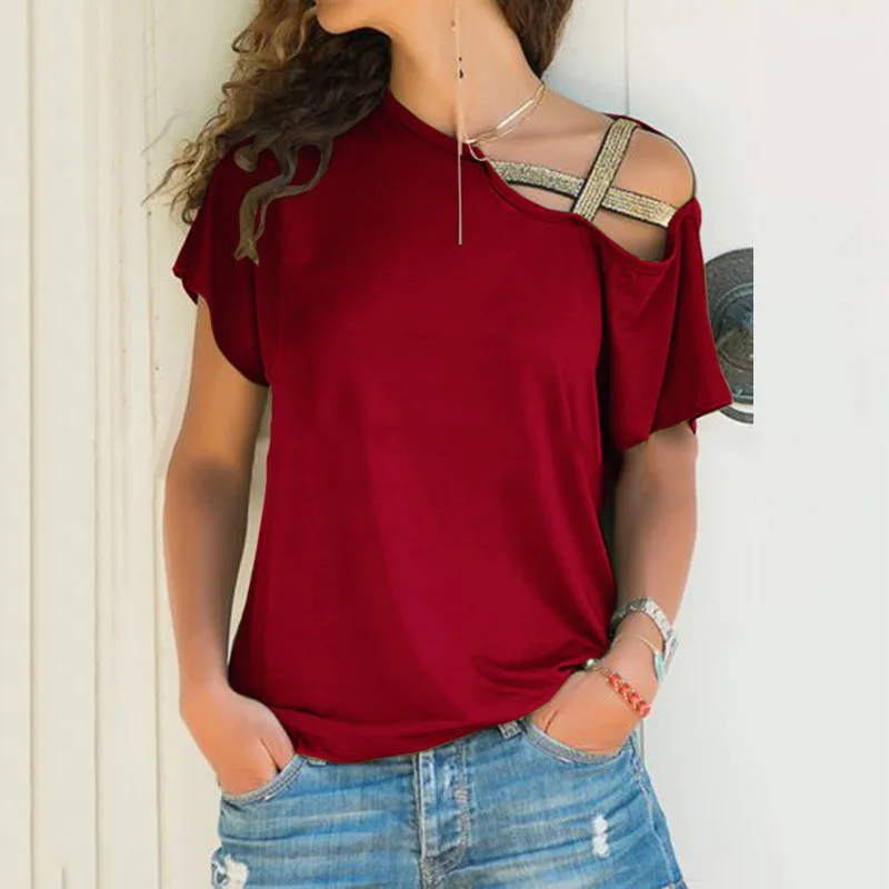 

Off Shoulder Tops Women t Shirt Summer Cross Irregular T-Shirt Casual Loose Short Sleeve Harajuku Lady Tee Fashion