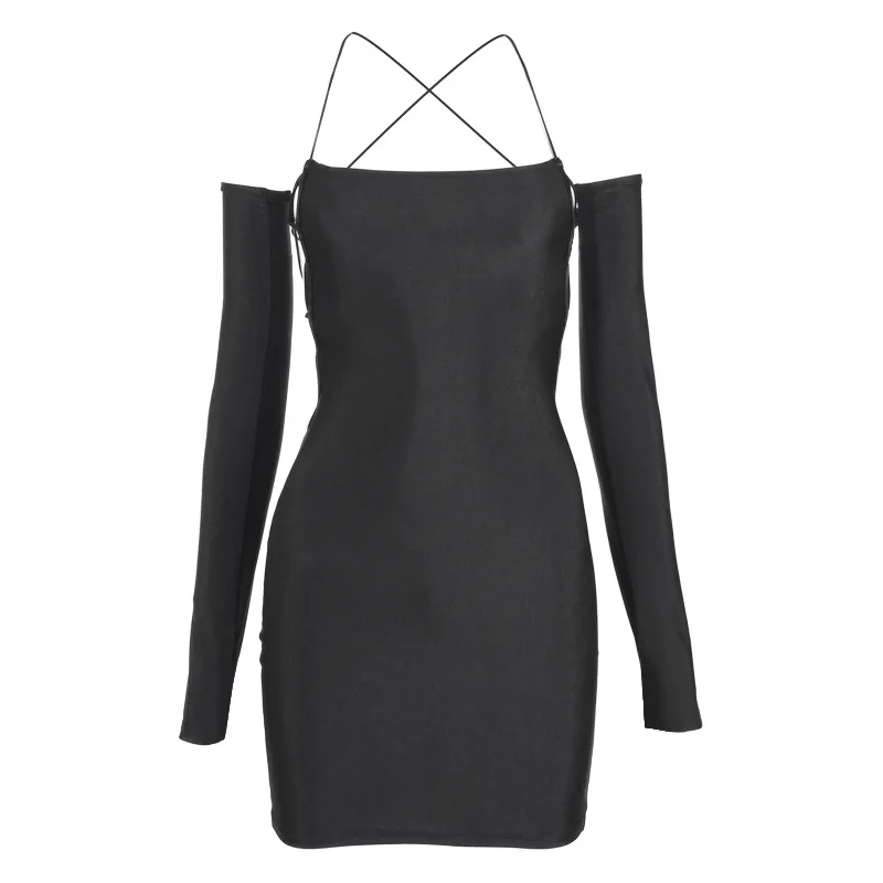 

2022 Lace Up Women Halter Mini Dress Long Sleeve Cross Bandage Backless Bodycon Sexy Streetwear 2020 Autumn Winter Party Club