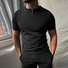 Мужская повседневная Однотонная рубашка-поло, футболка на молнии с короткими рукавами, Мужской винтажный топ на молнии с круглым вырезом, пуловер, летний облегающий Топ, 2021